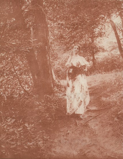 Woman on path in the woods, c1900.