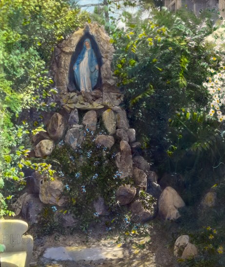 Unidentified garden, 1915. [Shrine to the Virgin Mary].