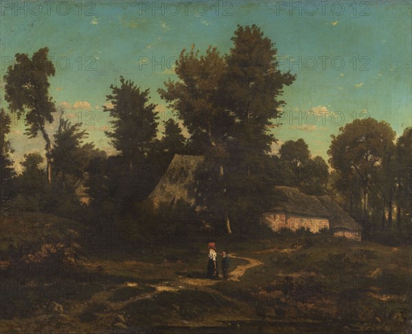 Landscape with thatched cottages.