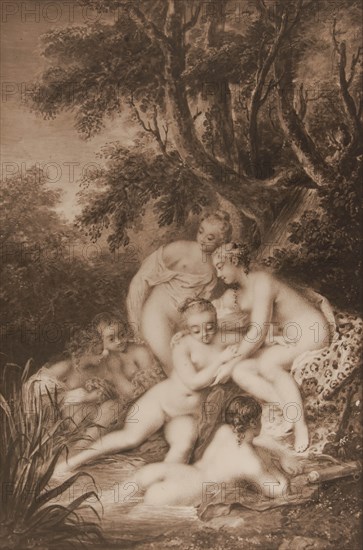 Diana bathing surrounded by five nymphs.