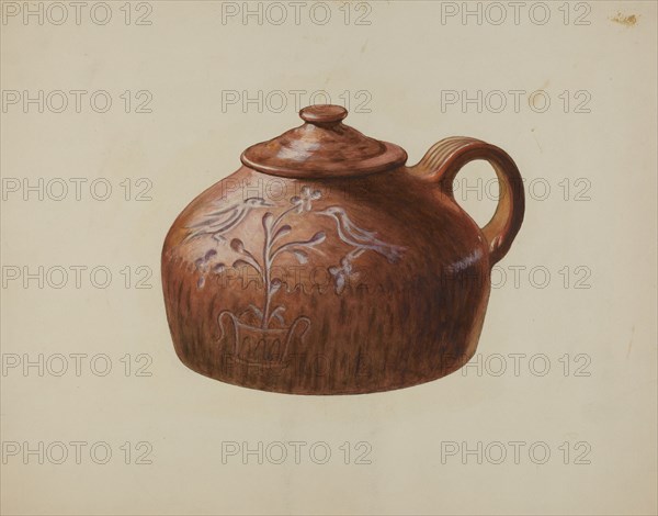 Pa. German Bean Pot with Lid, c. 1941.