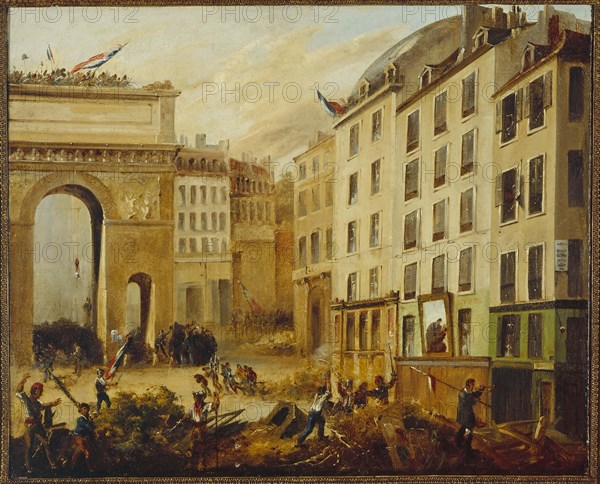 Combat scene at Porte Saint-Martin, July 28, 1830.
