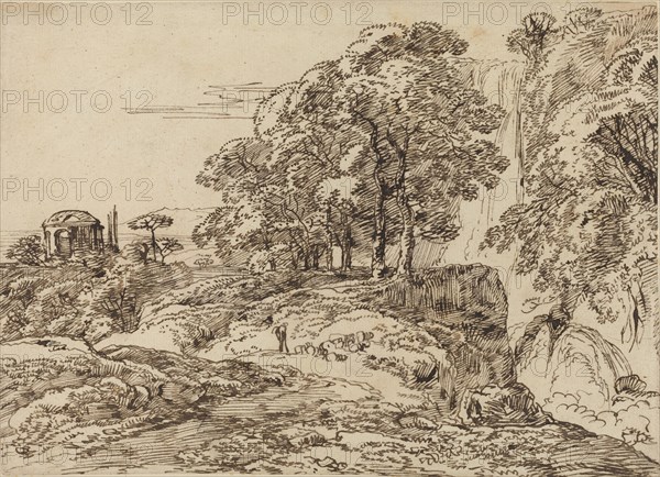 Pastoral Landscape with a Waterfall and a Temple.