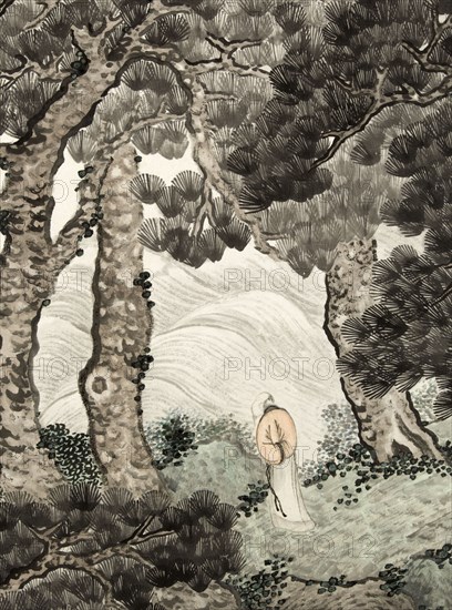 Solitary person under pines contemplating waves, 1820.