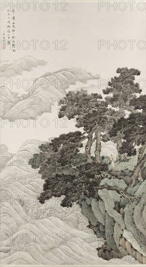 Solitary person under pines contemplating waves, 1820.