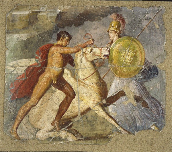 Pegasus and Bellerophon, 1st century. Creator: Roman-Pompeian wall painting.