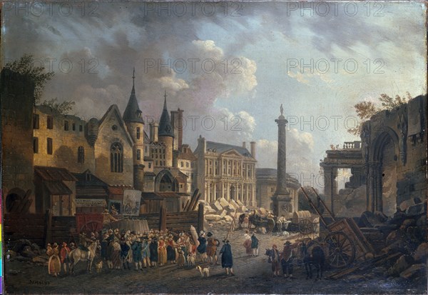 Fairground show at an imaginary crossroads in Paris, c1770.