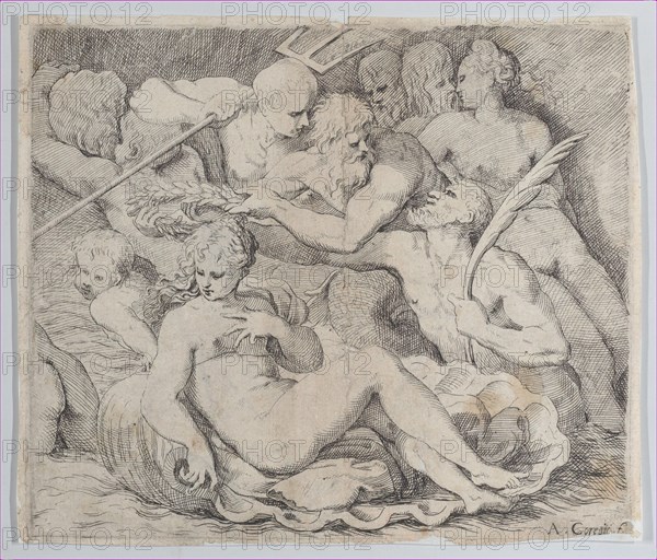 Venus, recumbent on a shell, surrounded by sea gods, 1520-1600.