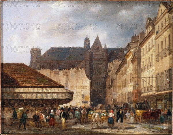 Rue des Prouvaires and Saint-Eustache church, c1828.