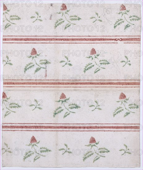 Sheet with overall leaf, flower, and stripe pattern, 19th century.
