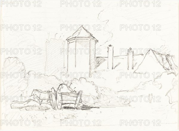 Sketch of Buildings with Cart and Horses in Foreground.