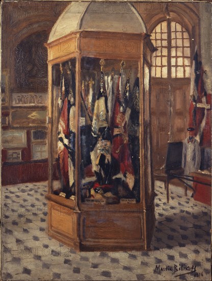 Showcase of flags at the War Museum, Les Invalides, 1916.