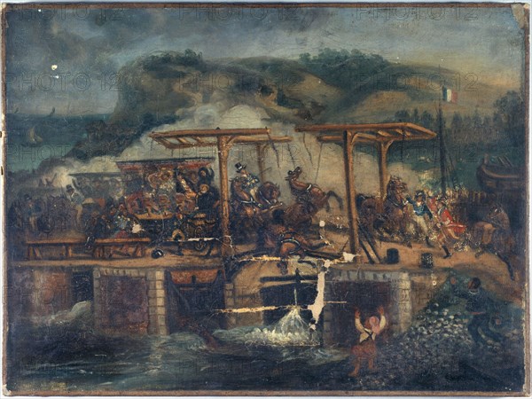 Carriage accident on a bridge around 1835, between 1830 and 1840.