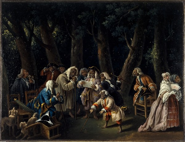 Council of monkeys or politicians in the Tuileries Garden, c1740.