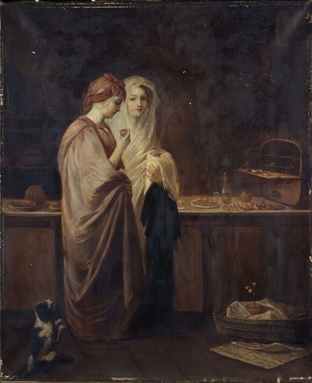 Two elegant women in a pastry shop, between 1801 and 1900.