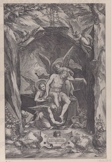 Christ rising from the tomb, assisted by two angels, 1540-83.