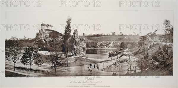 Panorama of Buttes-Chaumont park, 19th arrondissement, Paris, 1867.