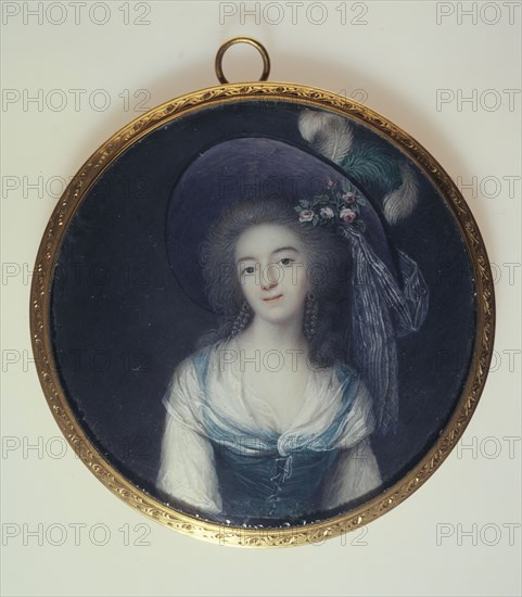 Portrait of woman in a plumed hat with ribbon, c1785.