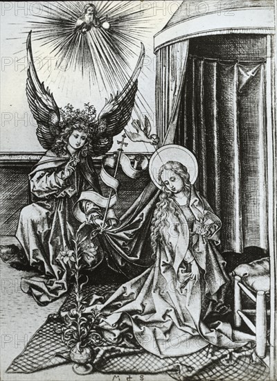 Reproduction of print: Annunciation, between 1915 and 1925. Creator: Martin Schongauer.