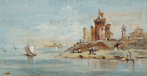 Caprice, with ruined fortress by the lagoon.