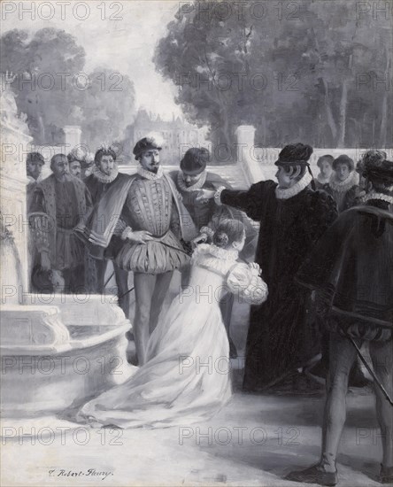 Amy Robsart at the foot of the queen, between 1890 and 1891.