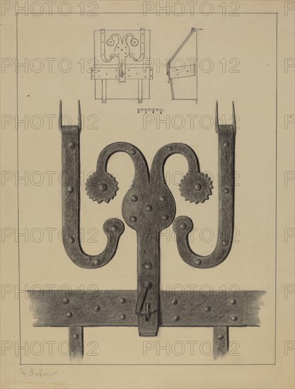 Pa. German Hinges and Hasp on a Conestoga Wagon Tool Box, c. 1937.