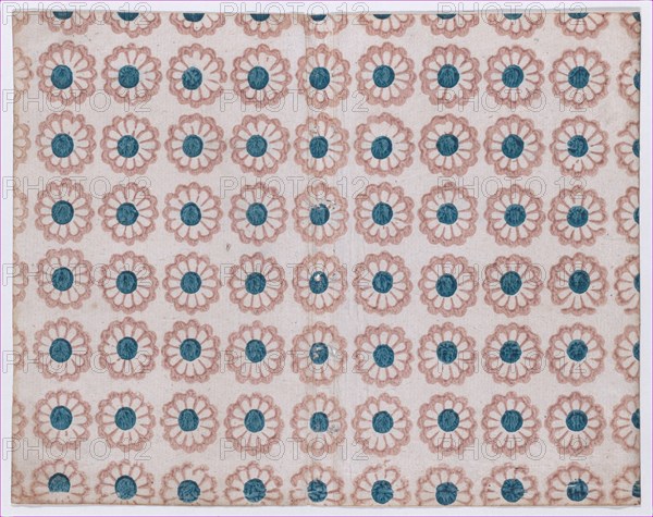 Sheet with overall pattern of pink flowers with blue centers, 19th century.