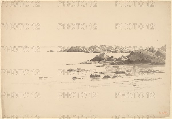 Rocklined Beach with Distant Boats, probably 1860/1869.