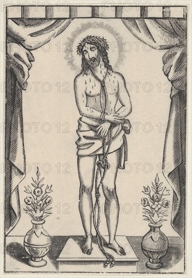 Christ standing with a rope around his neck and blood dripping down his face