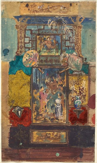 Stage Set Consisting Of Painted Panels, Fabrics, And Fans, 1870/1890.