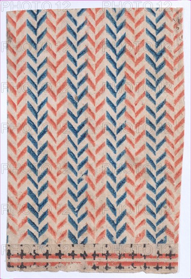 Sheet with overall orange and blue geometric pattern, 19th century.
