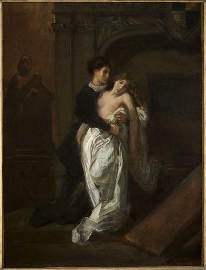 Romeo and Juliet in front of the Capulet tomb, c. 1850. Creator: Delacroix, Eugène (1798-1863).