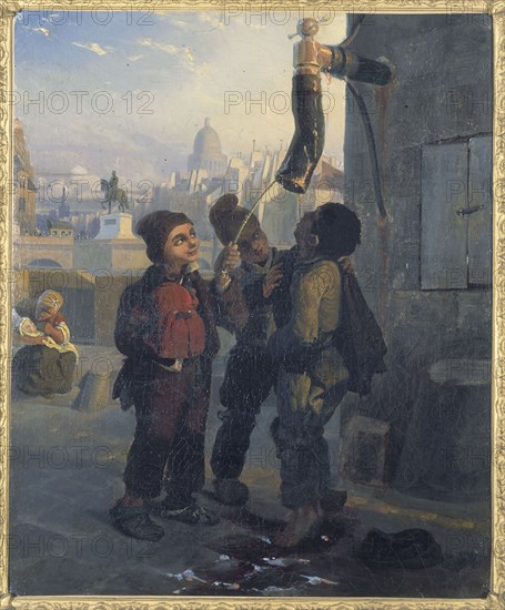Petits ramoneurs se désaltérant à l'eau d'une pompe, vers 1830, c1830.