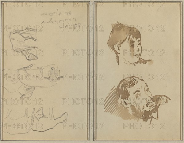 Five Sheep; Head of a Woman and Head of a Bearded Man [recto], 1884-1888.