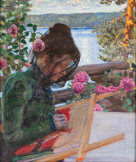 Mary embroidering on the porch of Kallela, ca 1897. Creator: Gallen-Kallela, Akseli (1865-1931).