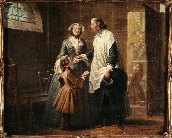 L'Abbé de Catéchisme recevant un enfant amené par sa sœur, c1750.
