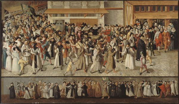 Procession of the League on l'ile de la Cite, leaving Notre-Dame, c1590.