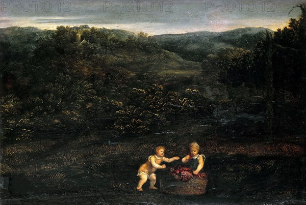 Landscape with two children and a basket of grapes, c. 1550. Creator: Bordone, Paris (1500-1571).