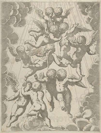 A group of angels embracing in flight, framed by clouds, after Reni, ca. 1600-1640.