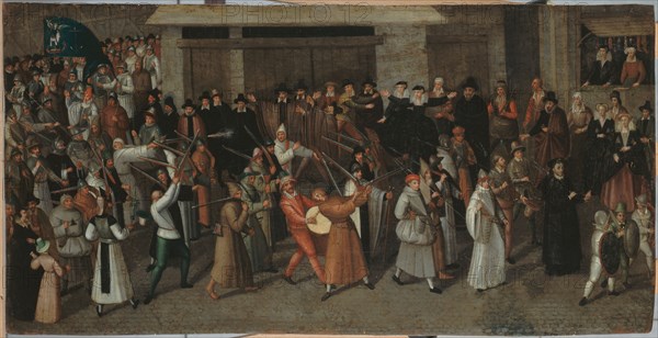 Procession of the League on Ile de la Cite, just outside Notre-Dame, c1590.