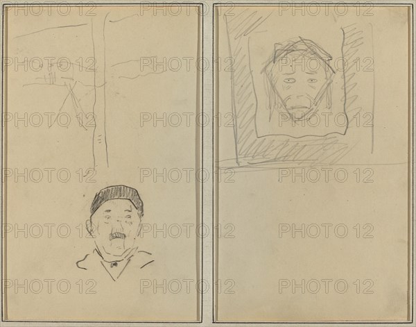 Landscape and Head of Man; Head of Monkey Inside a Square [recto], 1884-1888.