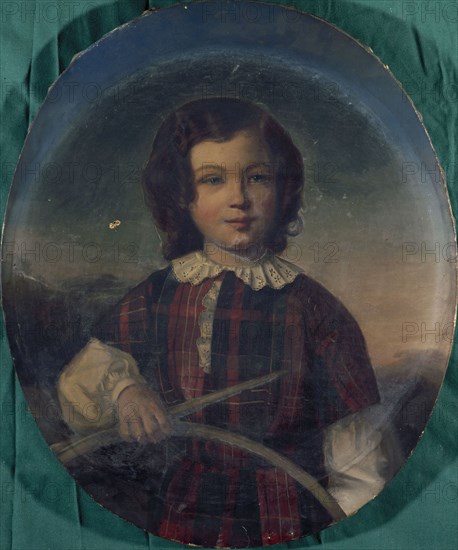Portrait of a young boy in Scottish costume holding a hoop, between 1801 and 1900.
