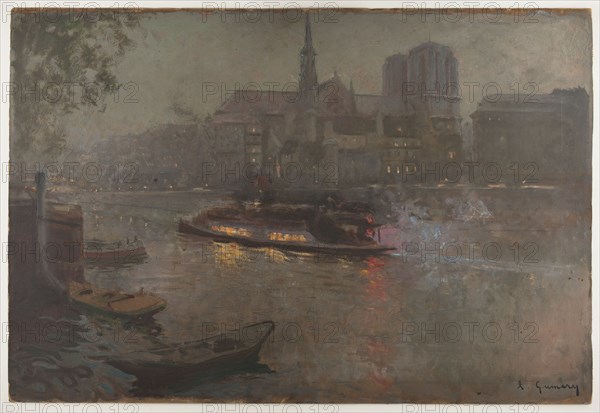 Bateau-Mouche on the Seine, in evening, in front of Notre-Dame, 1890.