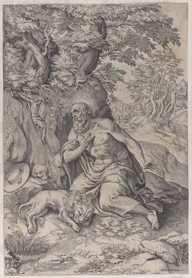 Saint Jerome in the wilderness, with a lion at left, 1578-80.
