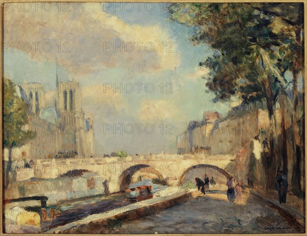 Saint-Michel and Notre-Dame bridges, seen from Quai des Grands-Augustins, c1890.