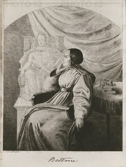 Bettina von Arnim before the design of her Goethe monument, 1838. Private Collection.