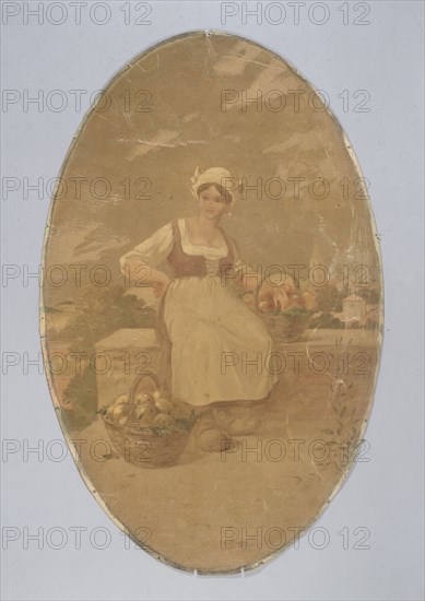 Farm worker seated near two baskets of apples. Decorative painting for the Cafe de Paris, c1900.