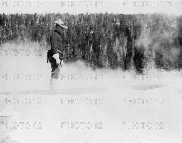 Cavalryman guard at Midway geyser basin, Yellowstone National Park, 1903. (Hot springs in Wyoming).