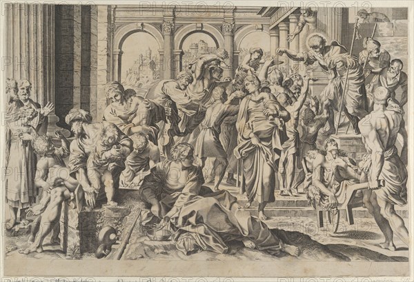 Saint Roch at right distributing alms to a group of people gathered around him, ca. 1600-1640. Creator: Anon.