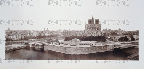 Panorama of eastern tip of Ile de la Cite, 4th arrondissement, Paris, between 1860 and 1870.